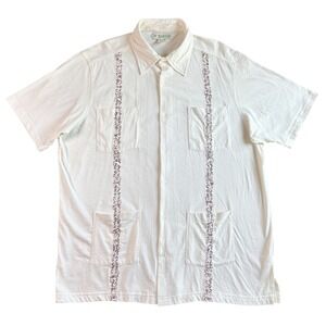 Haband Mens Cotton Blend Guayabera Shirt Embroidered Floral Large Cream